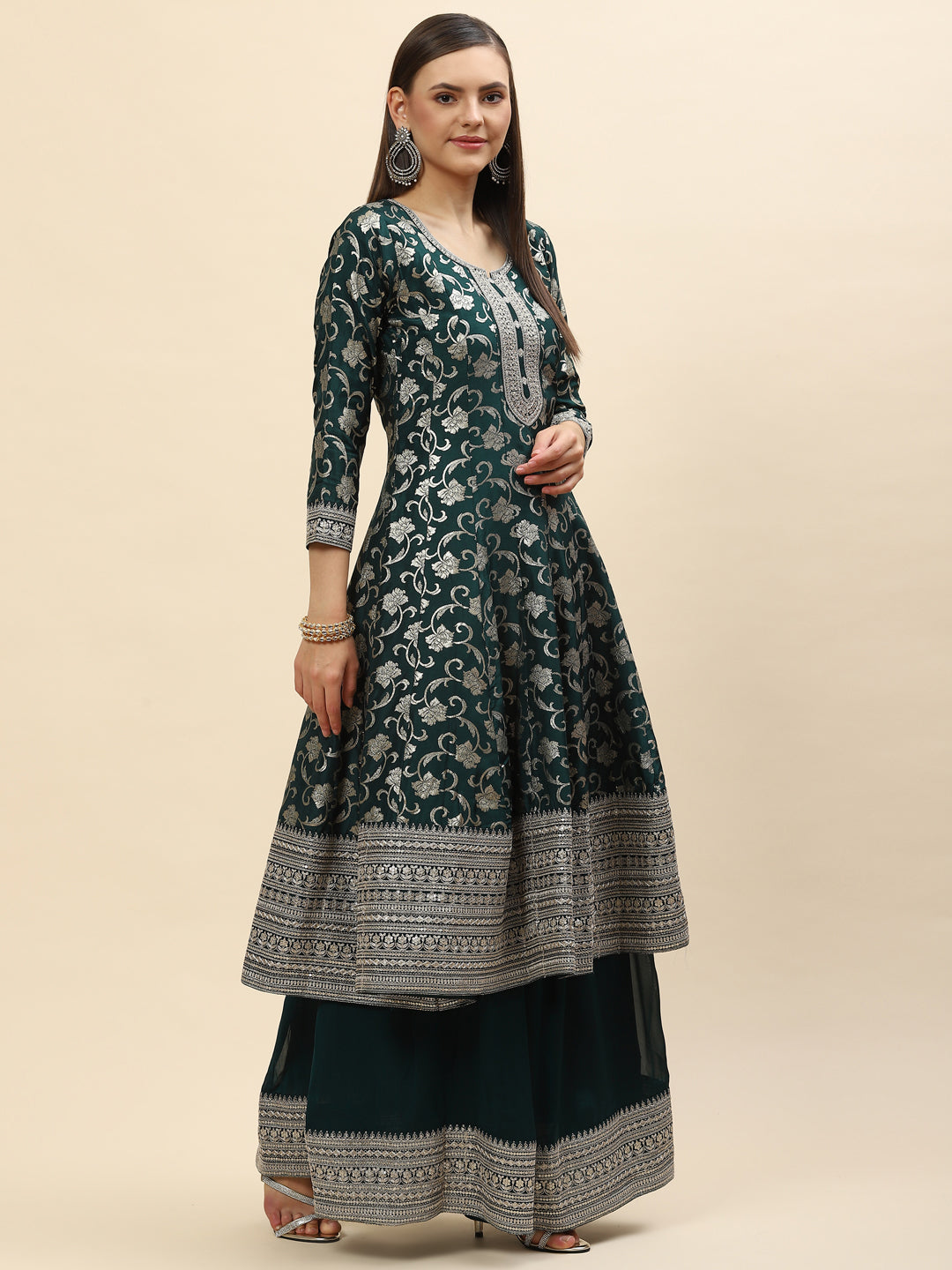 Resham Zari Embroidered Handloom Kurta With Palazzo &amp; Dupatta