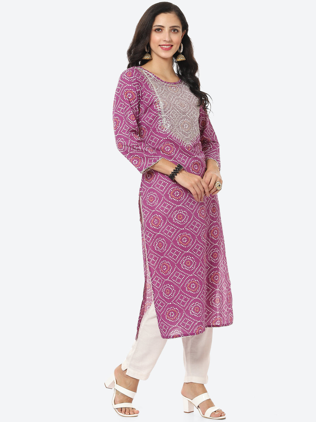 Yoke Embroided Bandhani Printed Cotton Kurti