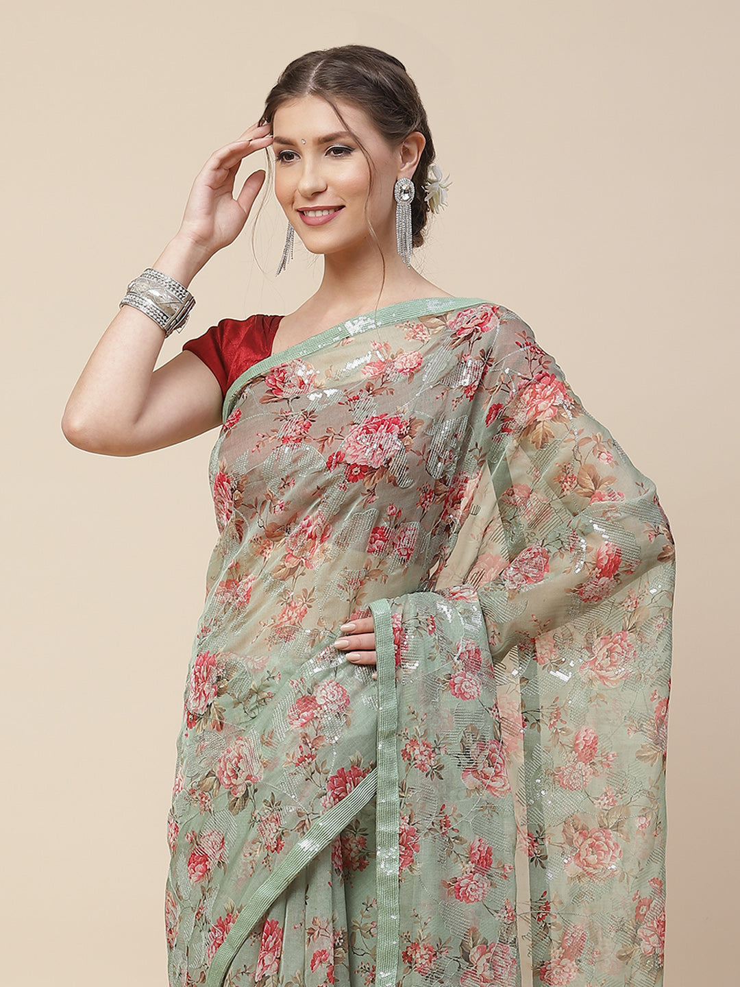 Floral Digital Printed Sequence Organza Saree