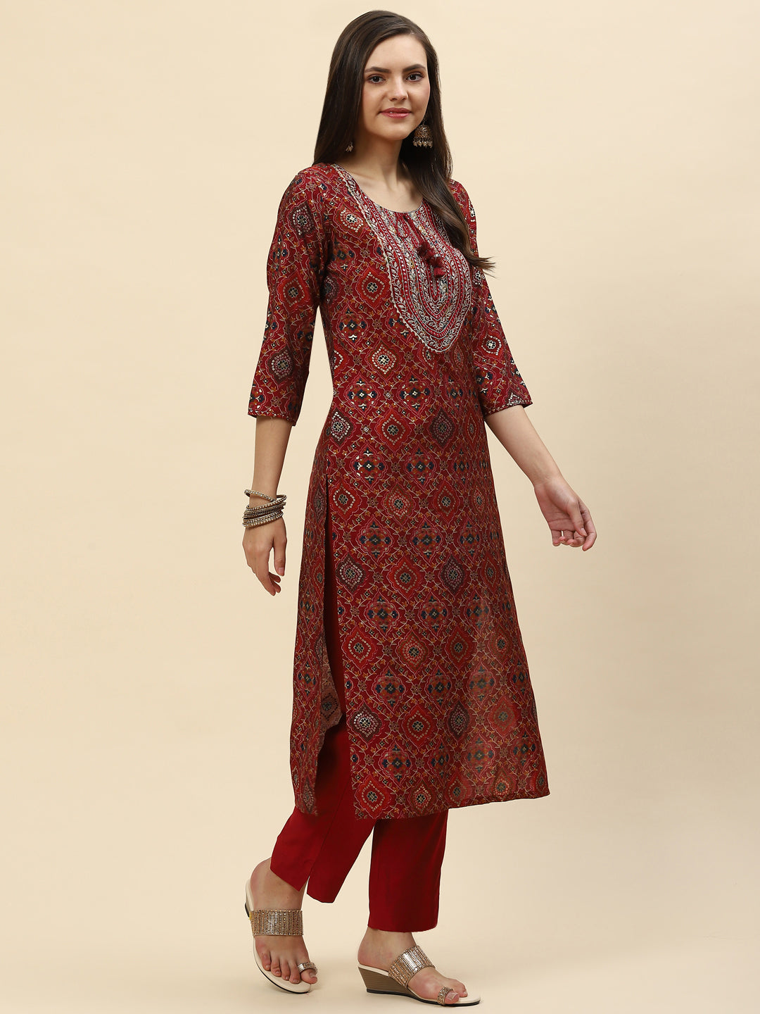 Zari Neck Embroidered &amp; Printed Muslin Kurta With Pants