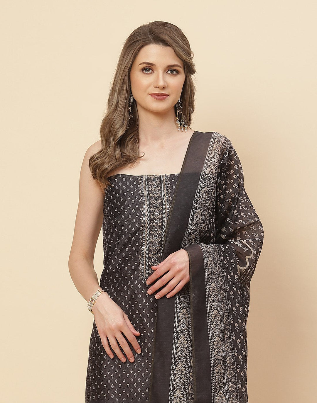 Patch Neck Work Printed Chanderi Suit Piece With Chanderi Printed Dupatta