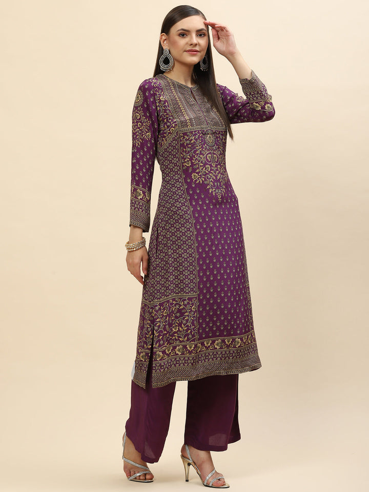 Floral Digital Printed Crepe Kurta With Palazzo &amp; Dupatta