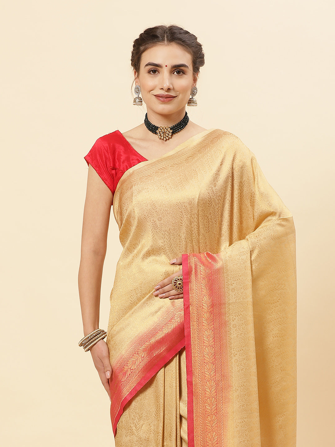 Brocade Zari Jaal Art Handloom Saree  with Contrast Blouse