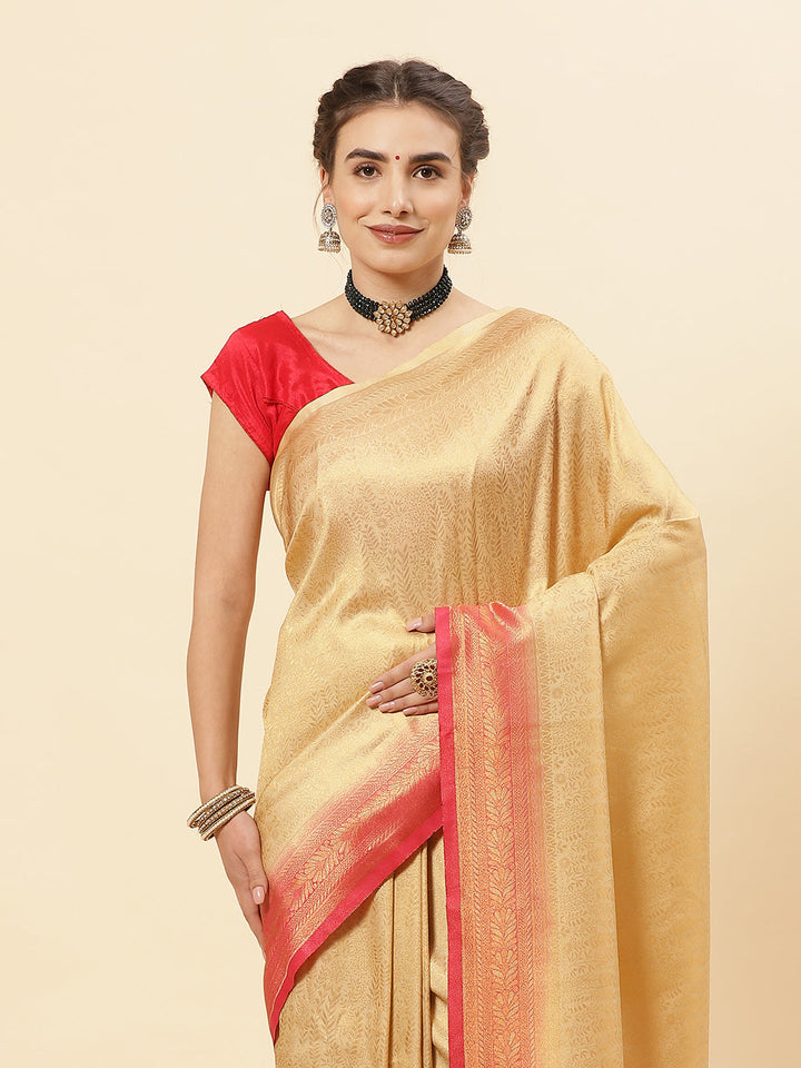 Brocade Zari Jaal Art Handloom Saree  with Contrast Blouse