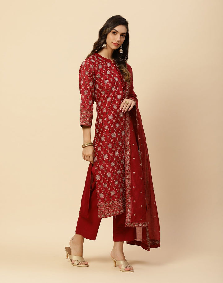 Resham Jaal Embroidered Cotton Chanderi Salwar Kameez Stitched Suit With Chanderi Dupatta