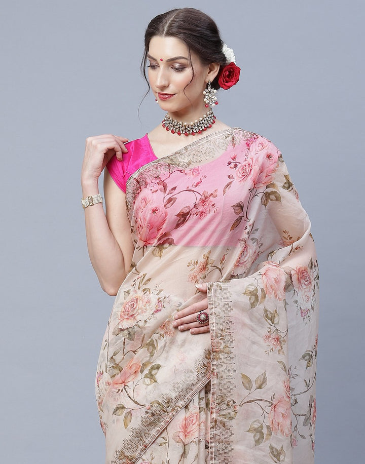 Digital Floral Printed Kora Saree with Stone Work Border