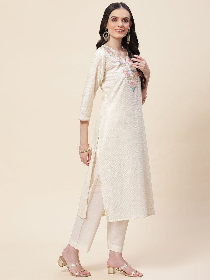Neck Embroidered Cotton Kurta With Pants &amp; Dupatta