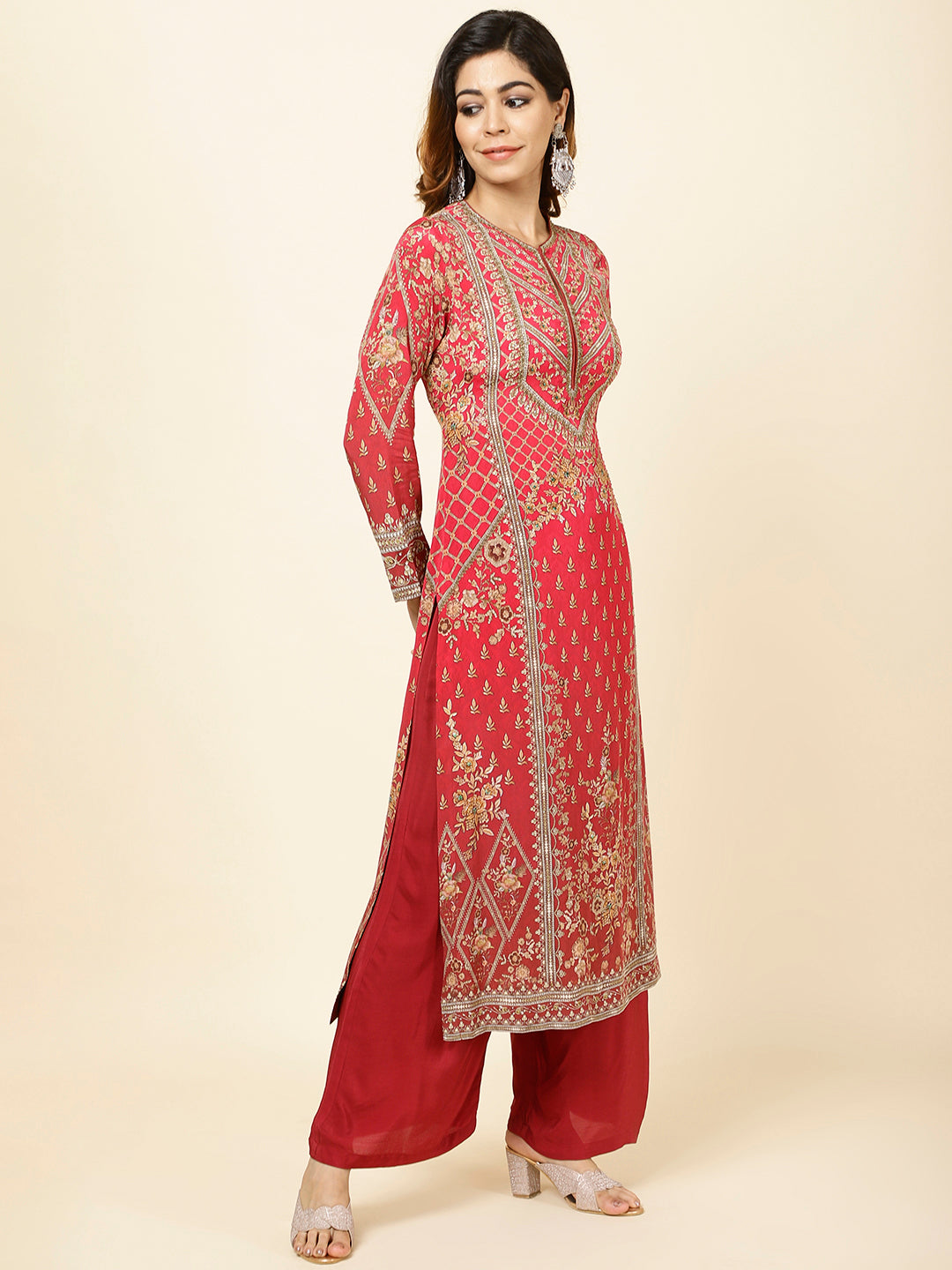 Floral Digital Print Crepe Kurta With Palazzo &amp; Dupatta