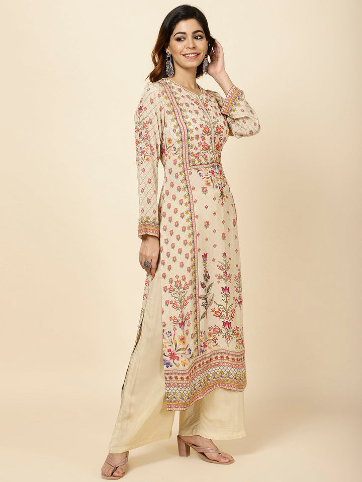 Digital Floral Printed Crepe Kurta With Palazzo &amp; Dupatta