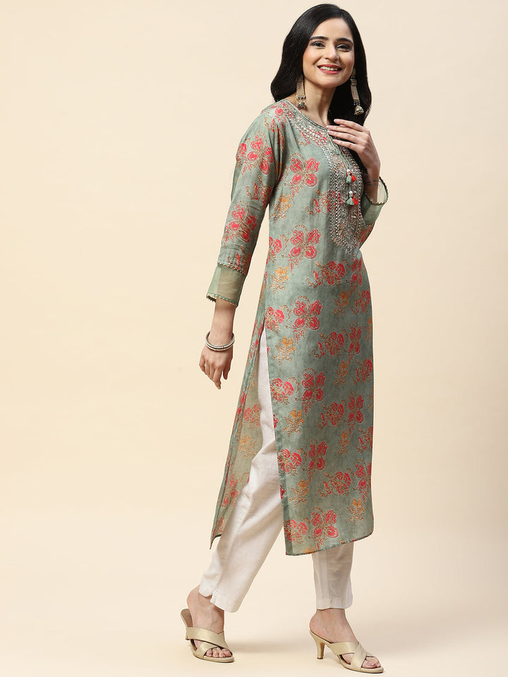 Printed With Yoke Embroidered Muslin Kurta