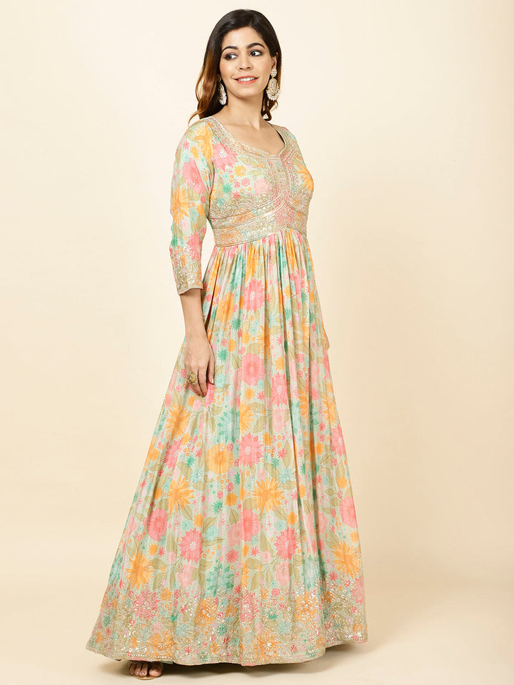 Printed Georgette Anarkali Kurta With Churidar &amp; Dupatta