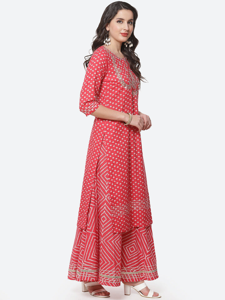 Printed Gota Work Cotton Kurti With Bandhani Printed Skirt