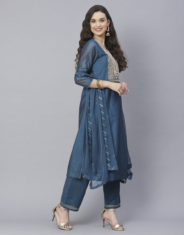 Red and Teal Blue Cotton Chanderi Salwar Kameez