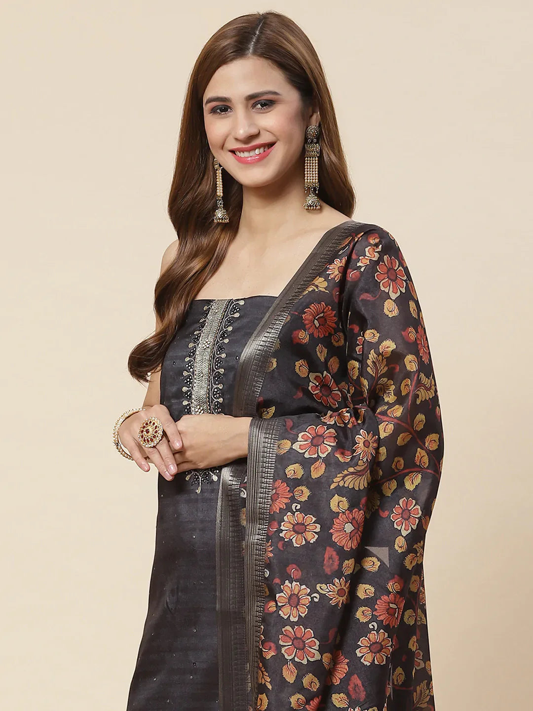 Neck Embroidered Chanderi Unstitched Suit Piece With Dupatta