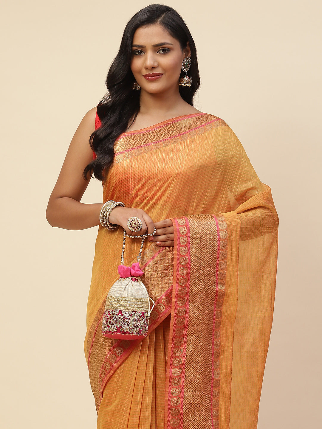 Plain Zari Border Cotton Woven Saree