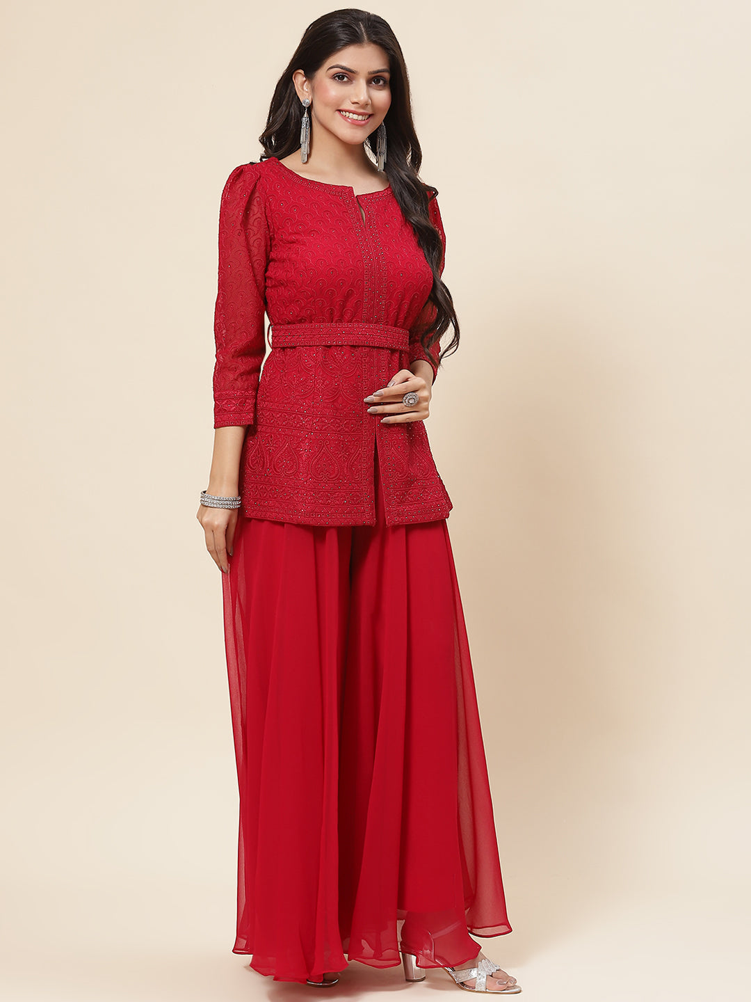 Resham Embroidered Georgette Kurti With Palazzo &amp; Dupatta