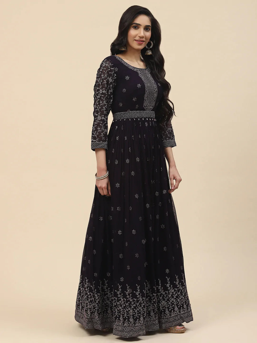 Resham Embroidered Georgette Kurta With Churidar &amp; Dupatta