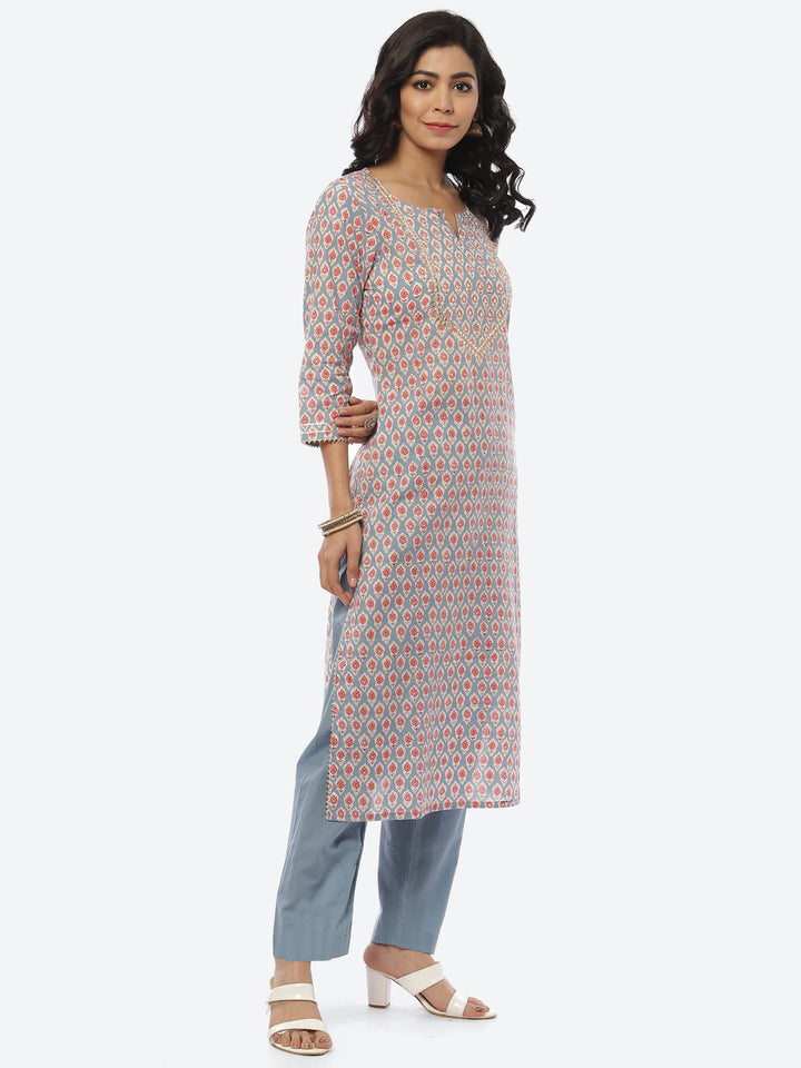 Printed Gota Neck Cotton Kurti With Pant