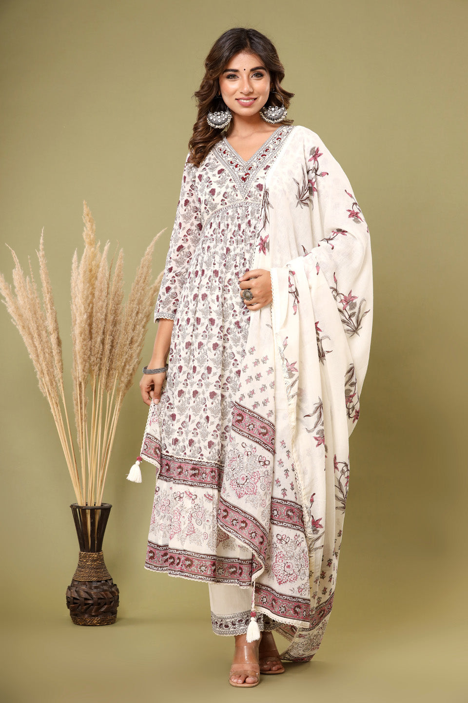Printed Cotton Kurta With Pants &amp; Dupatta