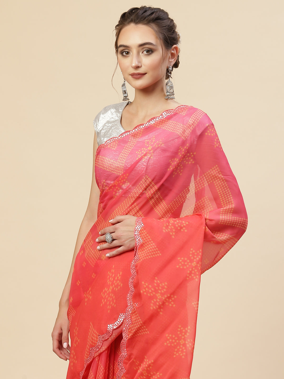 Printed &amp; Mirror Work Organza Saree