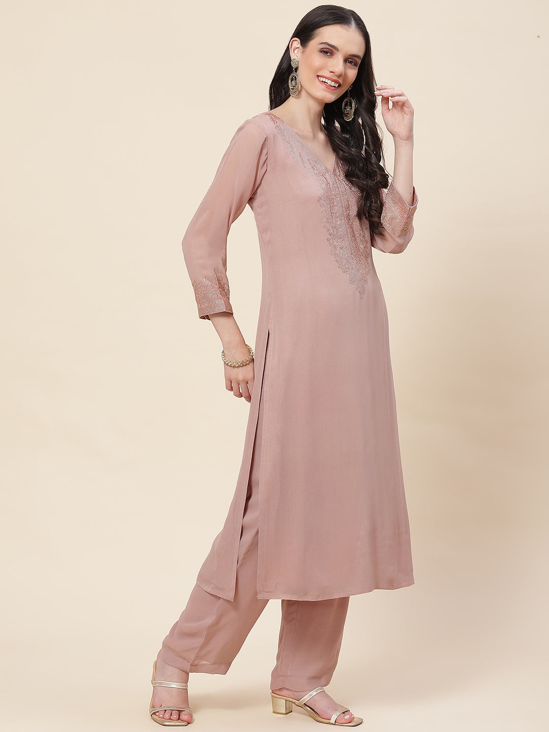 Neck Embellished Georgette Kurta With Palazzo &amp; Dupatta