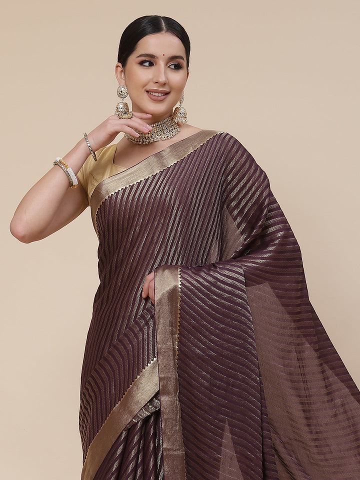 Striped Brocade Georgette Plain Saree