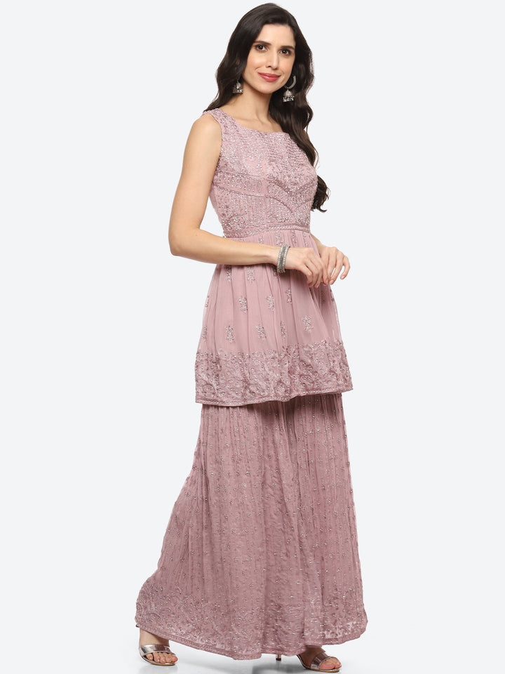 Resham Embroidered Georgette Kurti With Garara &amp; Net Dupatta
