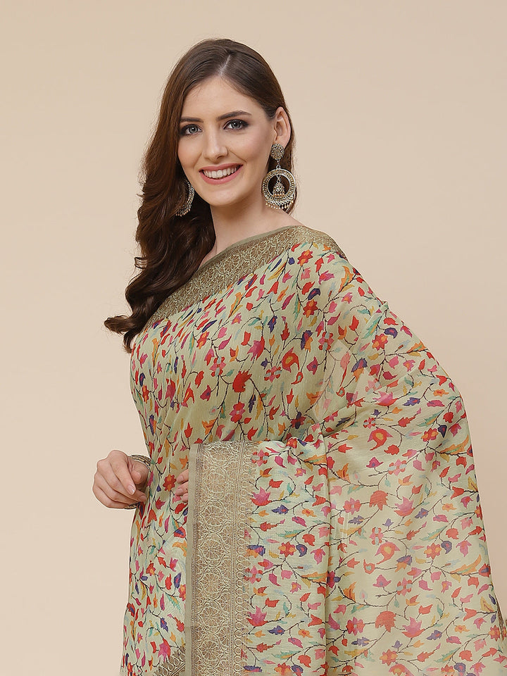 Printed Banarasi Border Pallu Cotton Saree