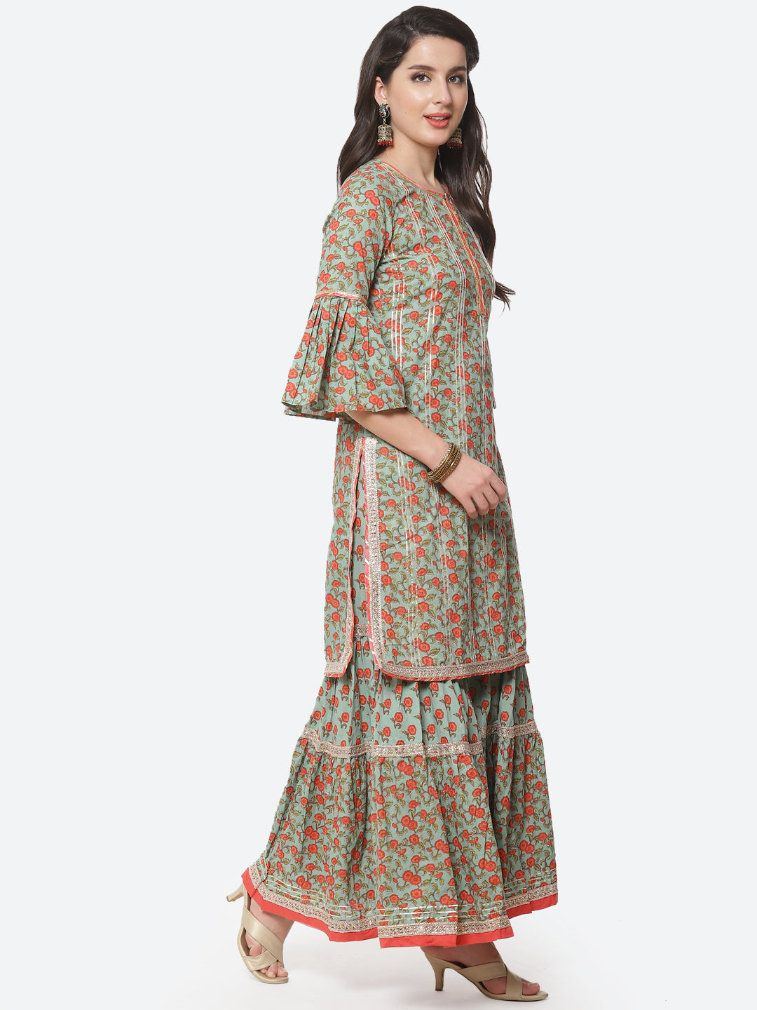 Floral Printed Gota Work Cotton Kurti With Sharara