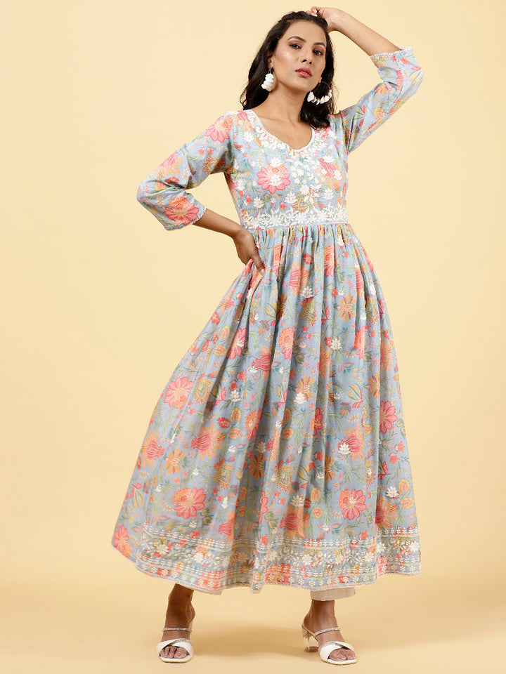 Floral Printed &amp; Neck Embroidered Cotton Kurta