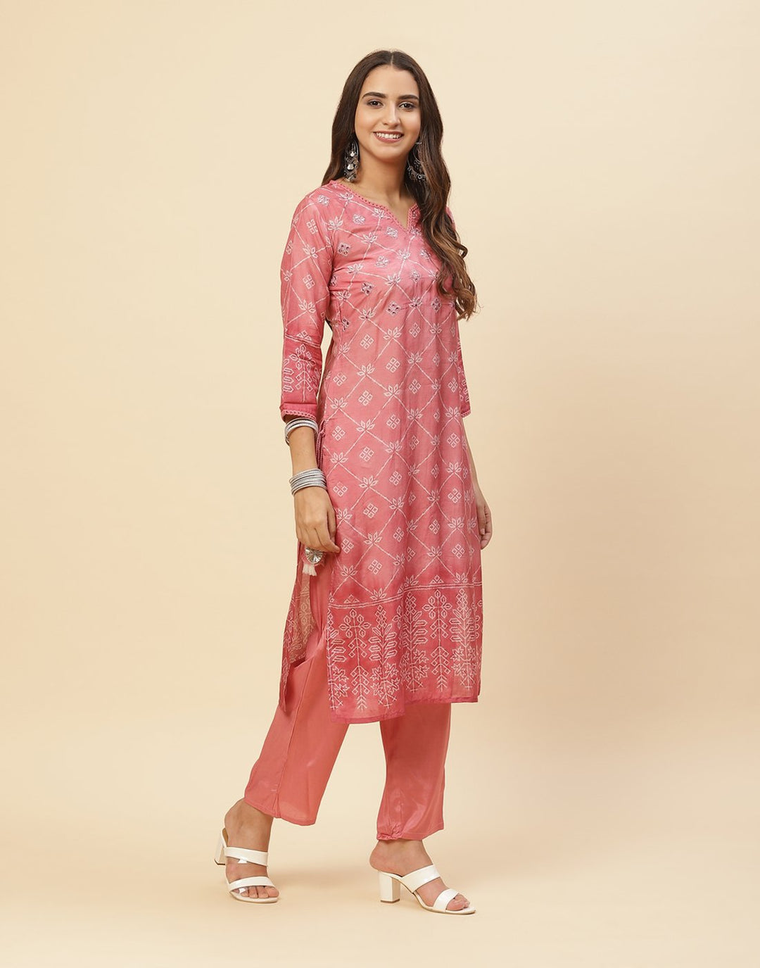 Mirror Work Printed Cotton Muslin Kurti With Pant