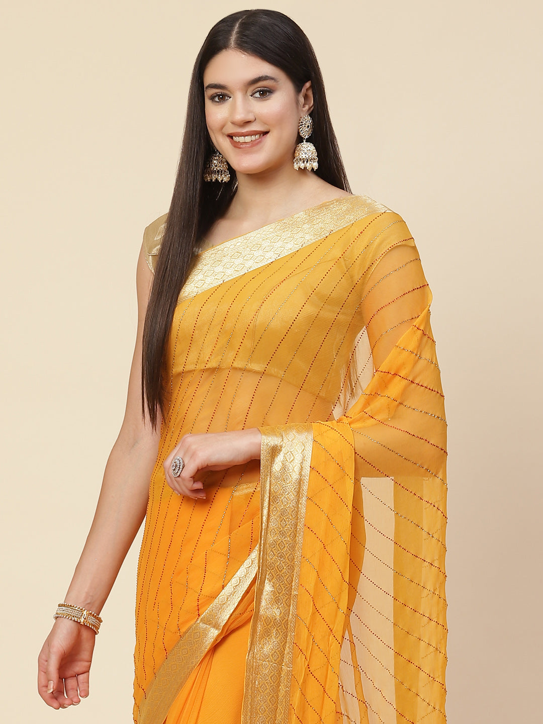 Stone Work Chiffon Plain Saree