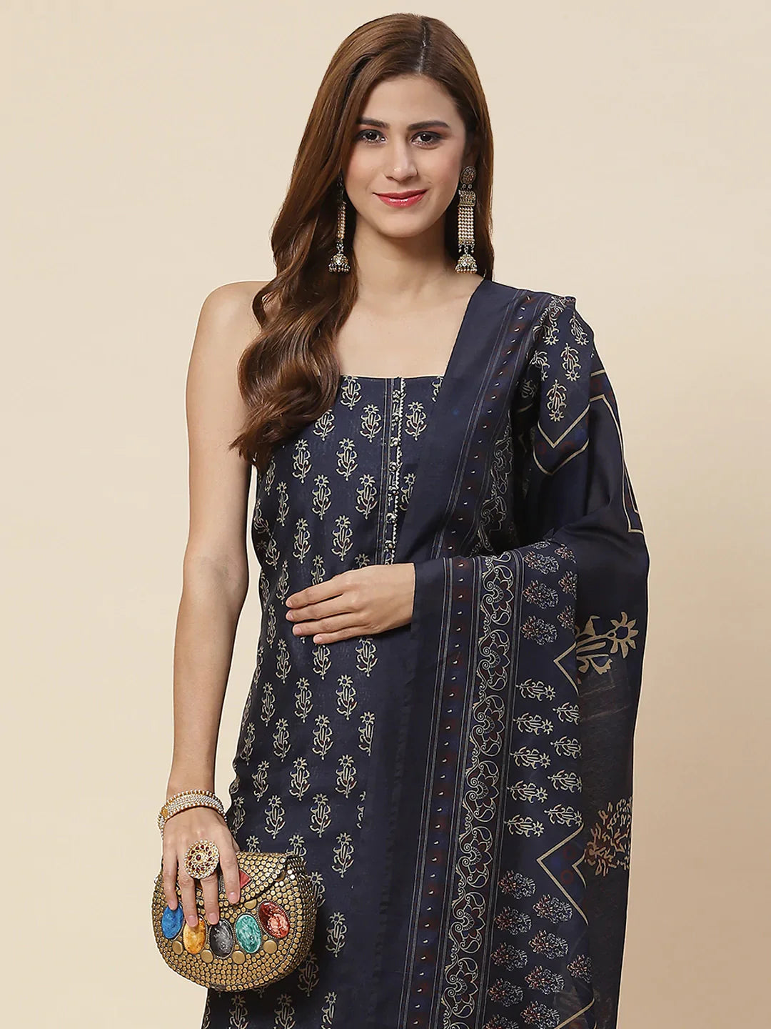 Indigo Printed Chanderi Unstitched Suit Piece With Dupatta