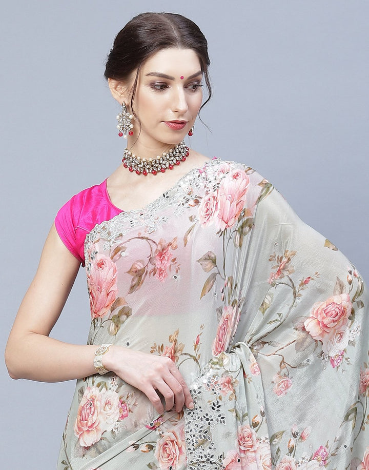 Digital Floral Printed Crepe Saree with Gota Patti Border