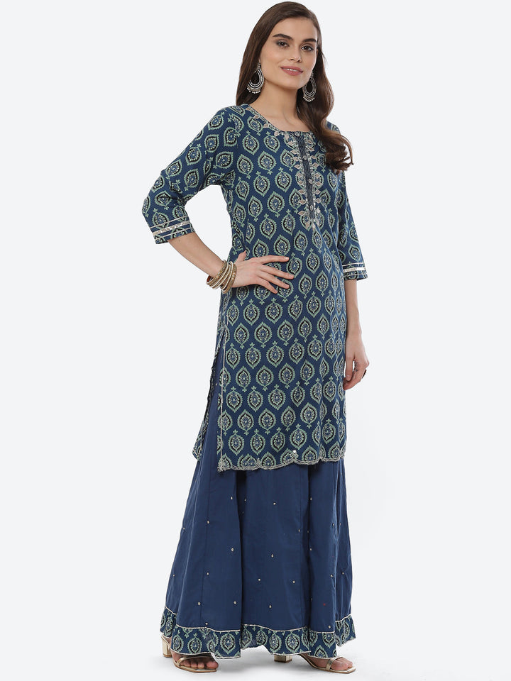 Printed Cotton Kurta With Garara &amp; Chiffon Dupatta