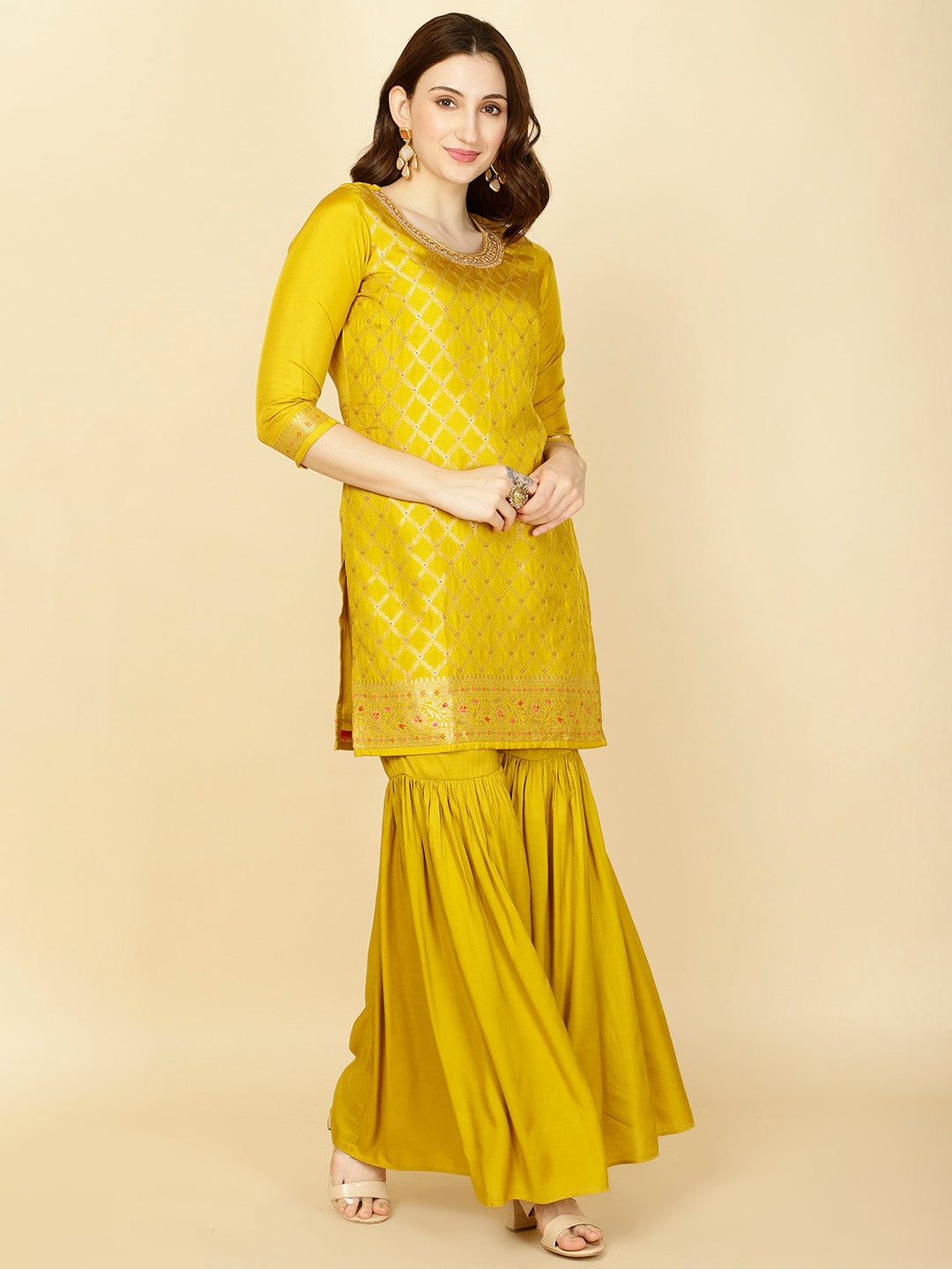Woven Banarasi Kurti With Sharara &amp; Dupatta