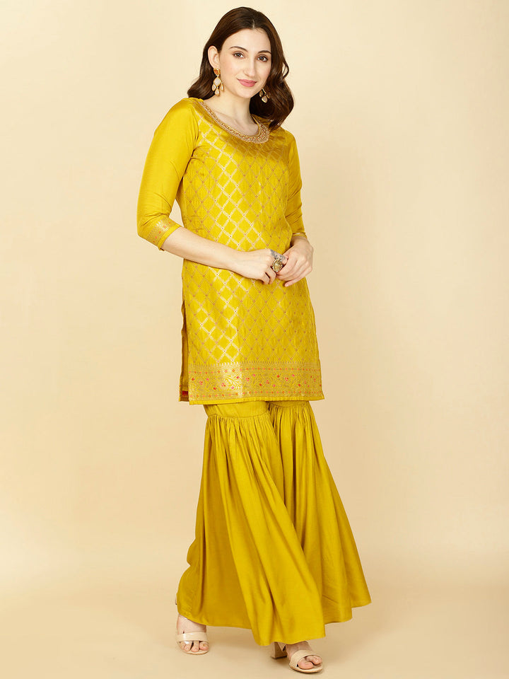 Woven Banarasi Kurti With Sharara &amp; Dupatta