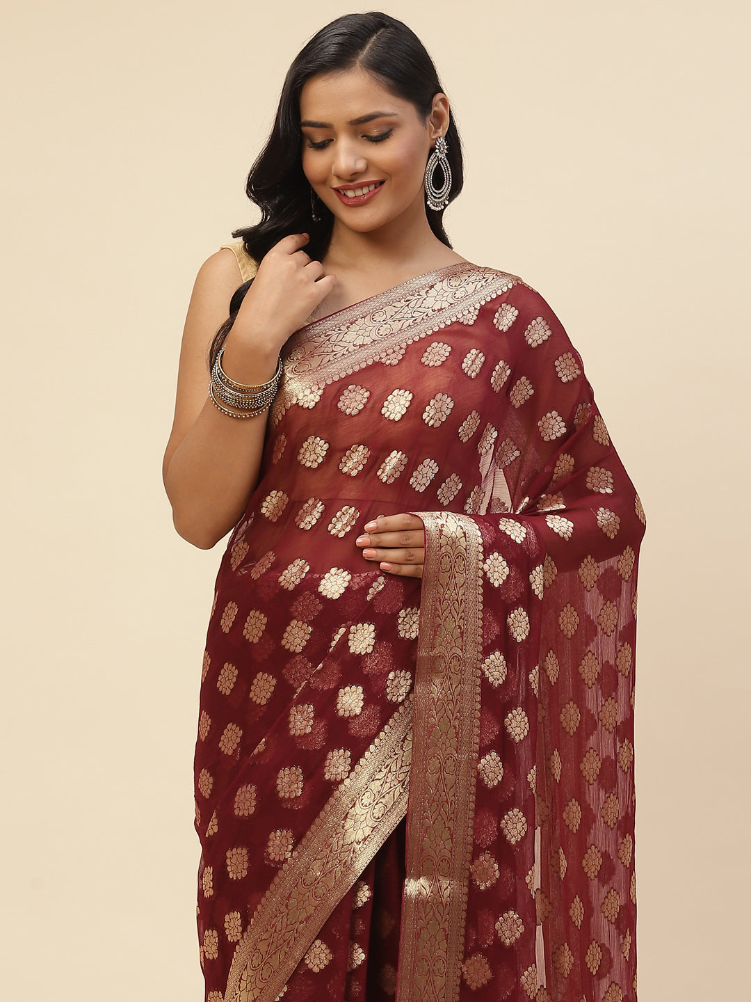 Zari Booti Chiffon Plain Saree