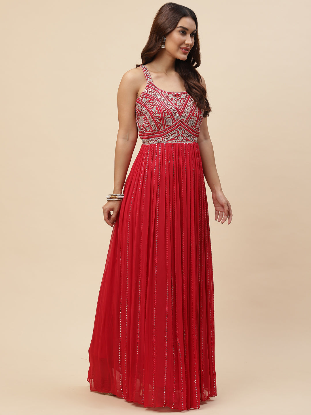 Neck Embroidered Georgette Gown With Jacket &amp; Dupatta