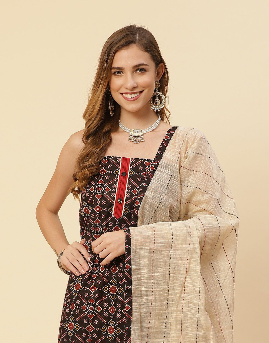 Printed Cotton Suit Piece With Kantha Work