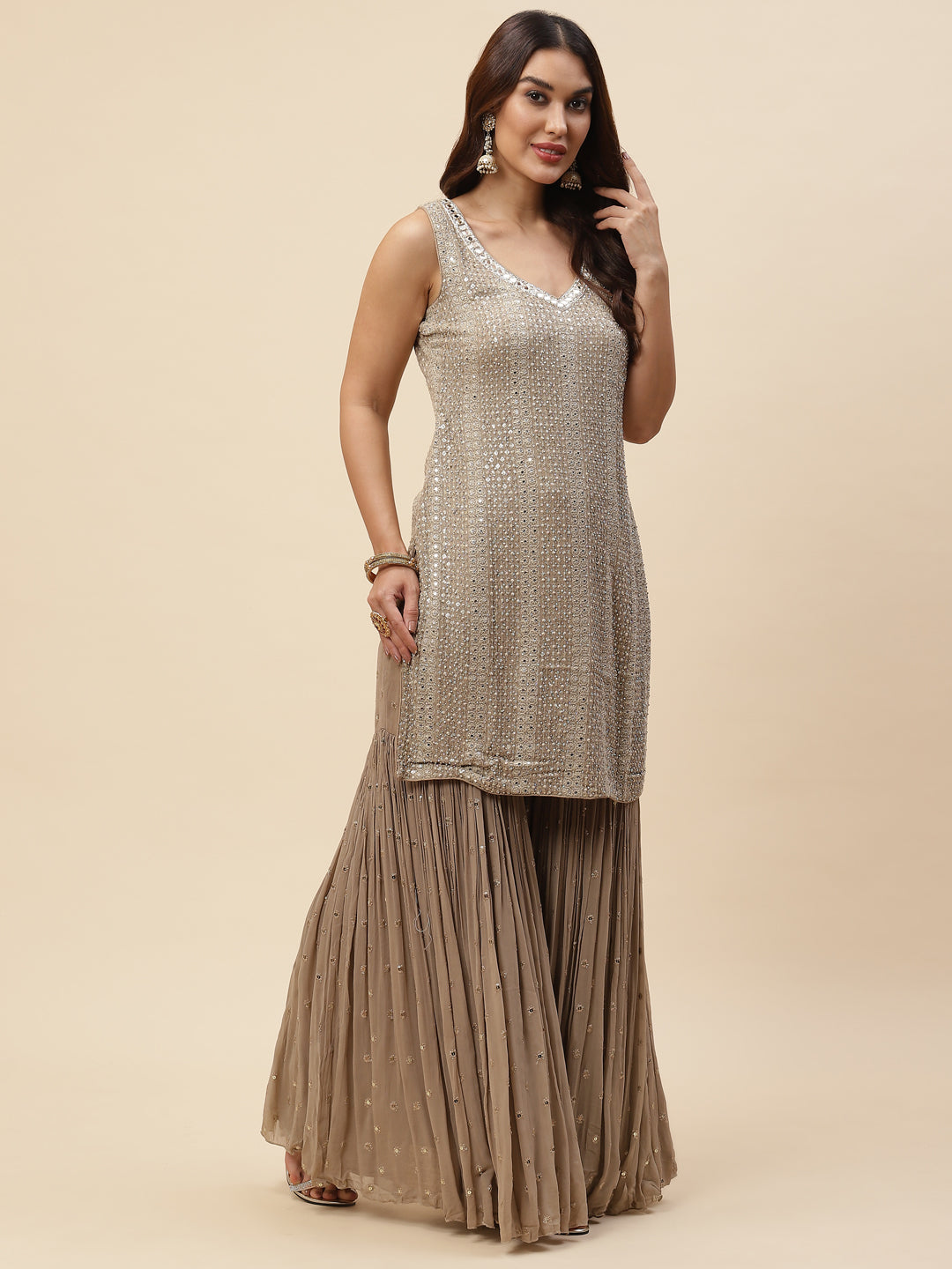 Embroidered Georgette Kurta With Garara &amp; Net Dupatta