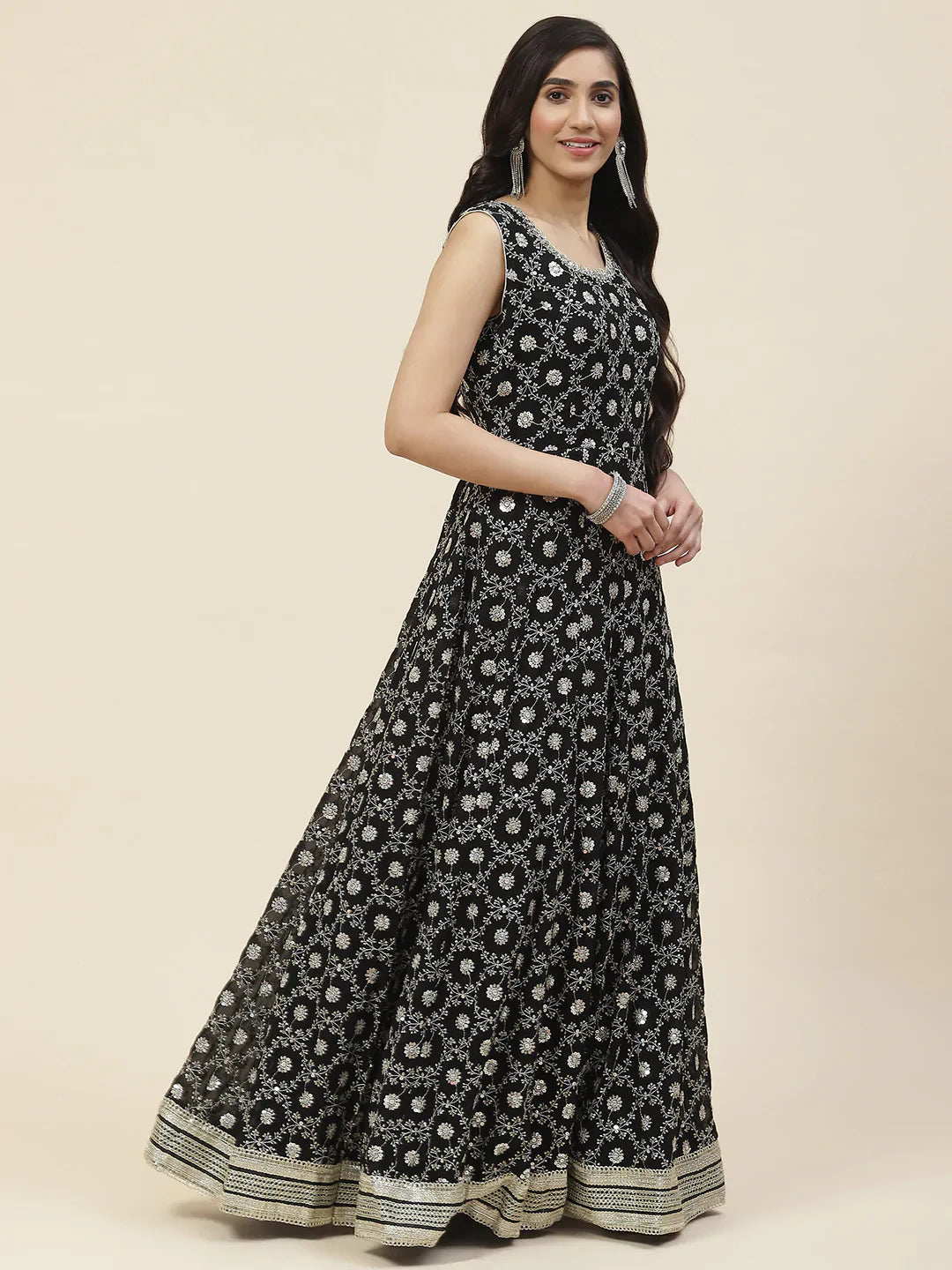 Sequin Embroidered Georgette Kurta With Dupatta