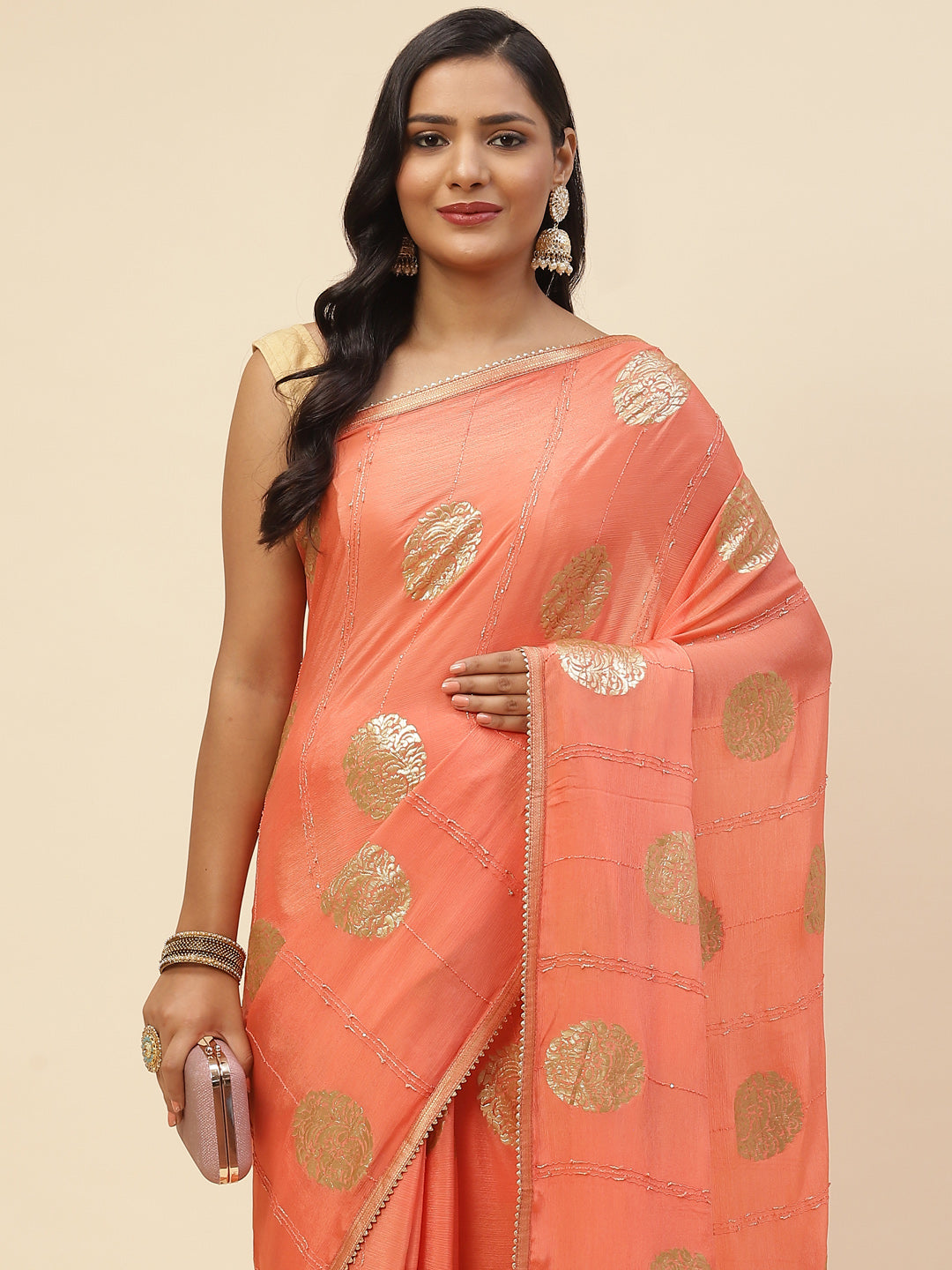 Zari Booti Crepe Plain Saree