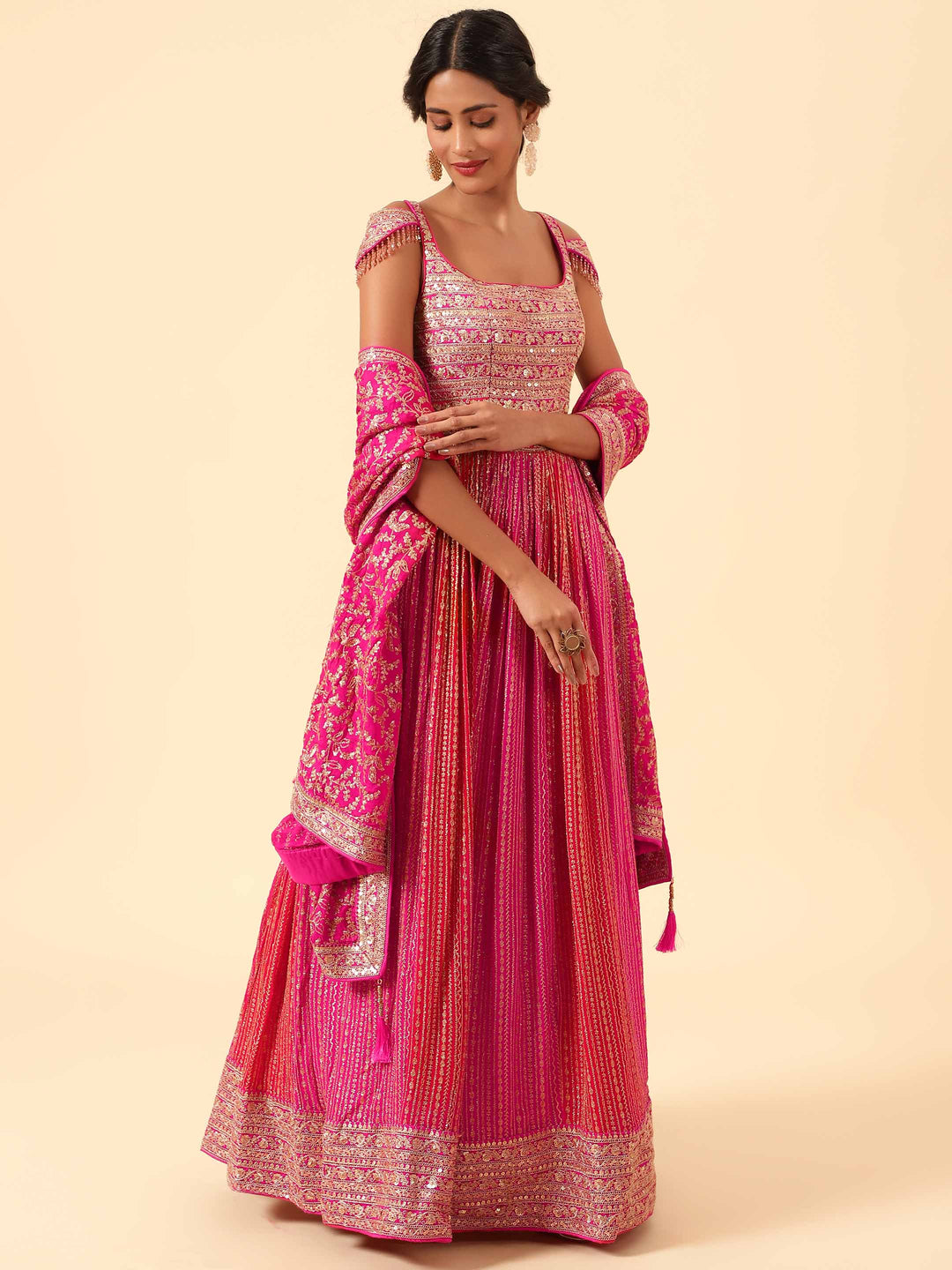Sequin Embroidered Georgette Kurta With Churidar &amp; Dupatta