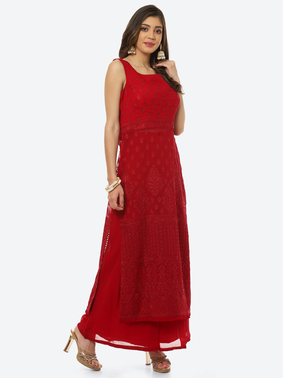 Resham Booti Georgette Kurta With Palazzo &amp; Dupatta