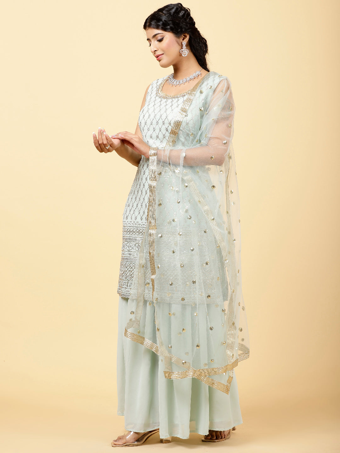 Sequin Georgette Kurta With Palazzo  &amp; Dupatta