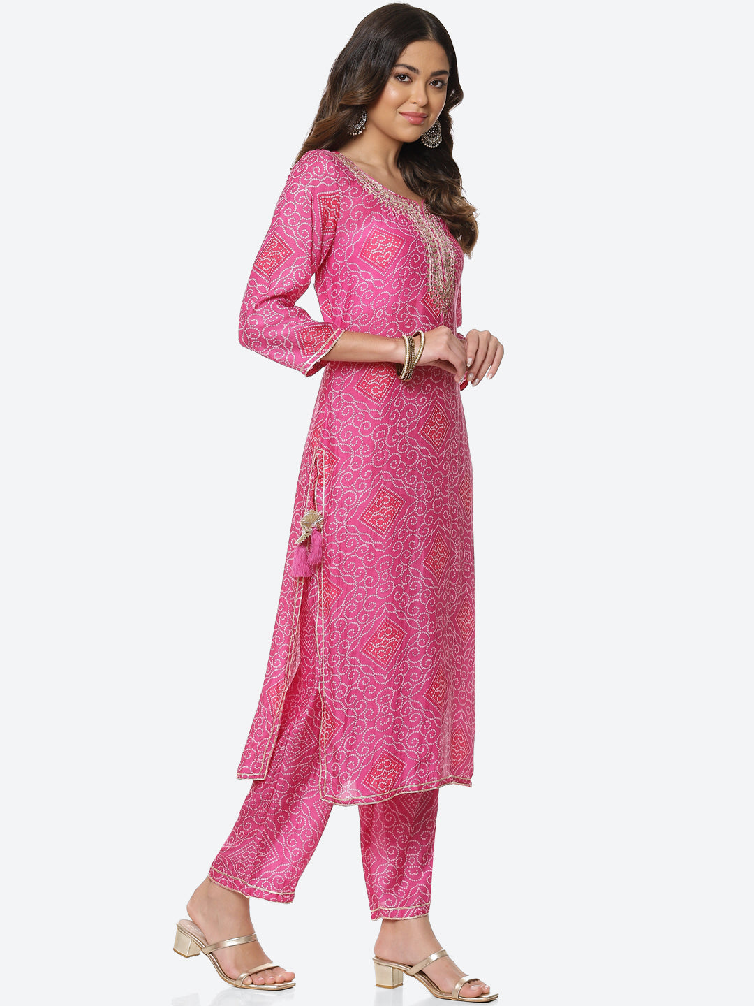 Printed Gota Neck Cotton Kurta With Pant &amp; Dupatta