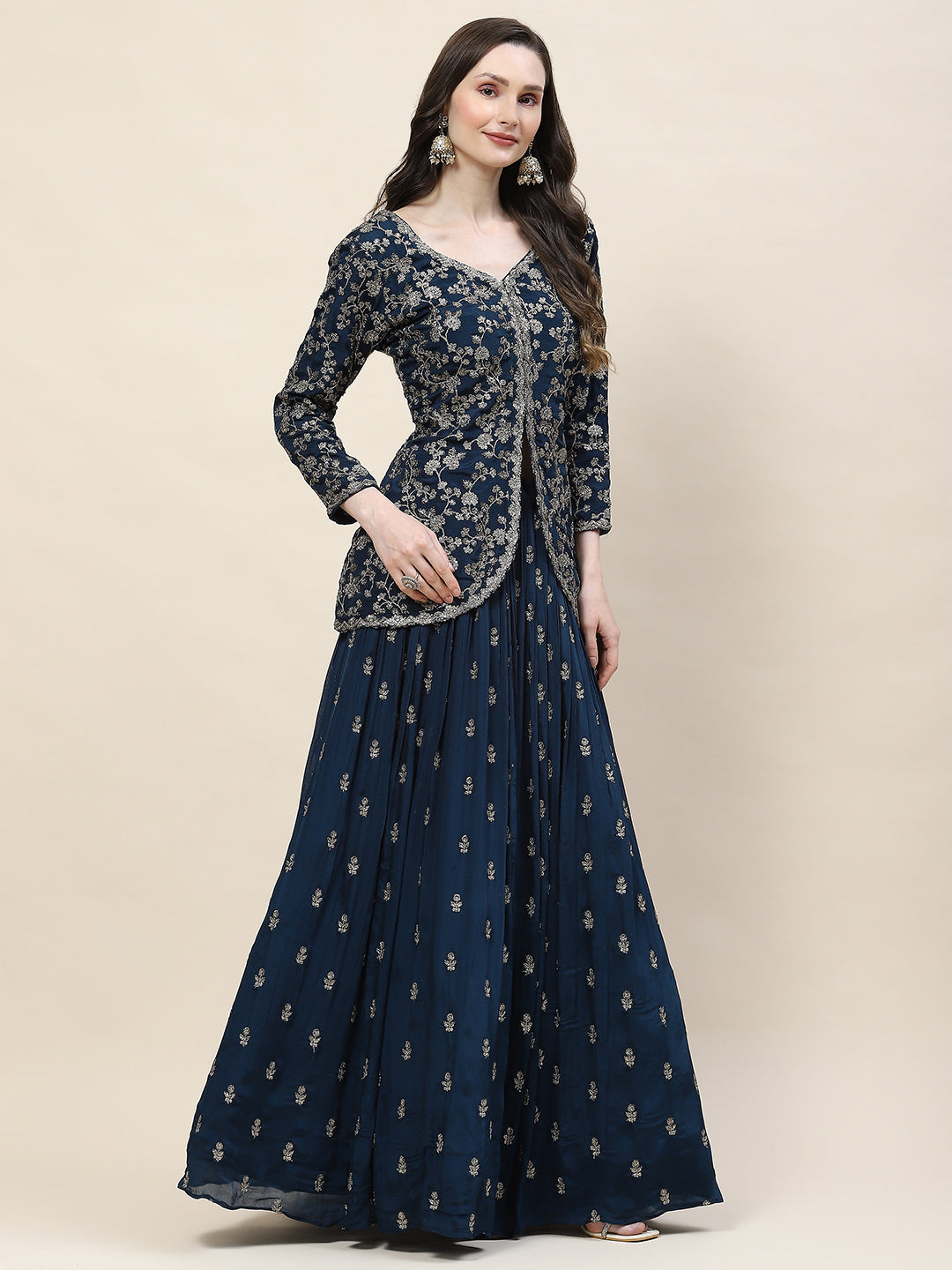 Sequin Zari Embroidered Georgette Choli With Lehenga &amp; Dupatta
