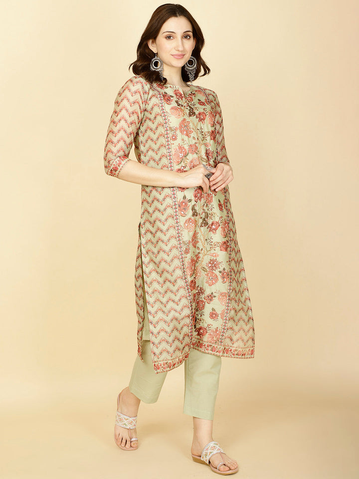 Floral Printed Chanderi Kurta With Pants &amp; Dupatta