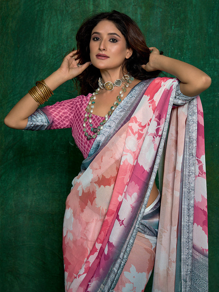 Ombre Floral Printed Georgette Saree